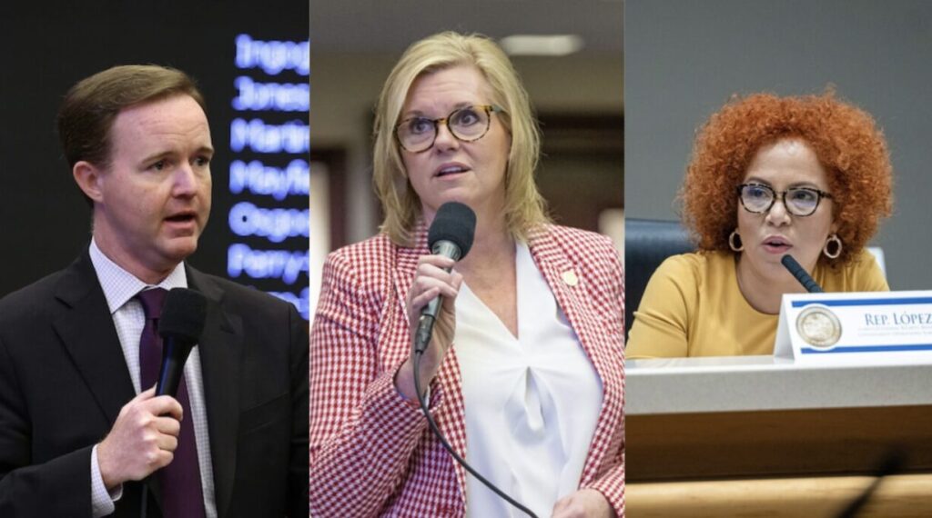 Three Florida legislators speaking at a podium with microphones, advocating for the repeal of the "free kill" law. From left to right: Sen. Clay Yarborough, Rep. Dana Trabulsy, and Rep. Johanna López.
